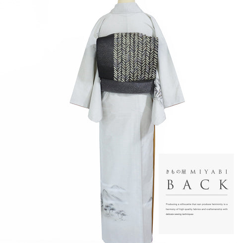 付下げ リサイクル 身丈167cm 裄63.2cm 袷 大島紬 遠山樹林風景柄 晃生 ホワイト LLサイズ お洒落 落款 正絹 広衿 Aランク