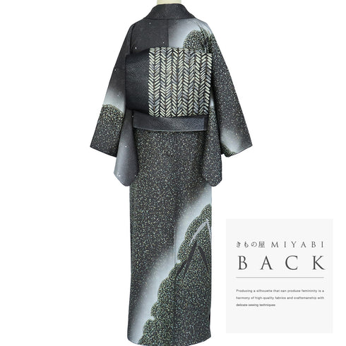 訪問着 リサイクル 身丈156.3cm 裄64.4cm 袷 雪輪染わけや竹柄 グレー Mサイズ お洒落 落款 正絹 広衿 Sランク