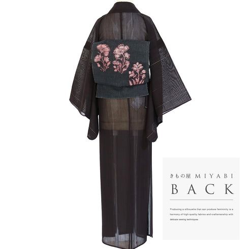 紬 リサイクル 夏着物 身丈161cm 裄66.8cm 夏物 夏物 刺繍 パールトーン加工済 縞模様 トンボ柄 ブラウン Lサイズ カジュアル お洒落 正絹 広衿 Sランク