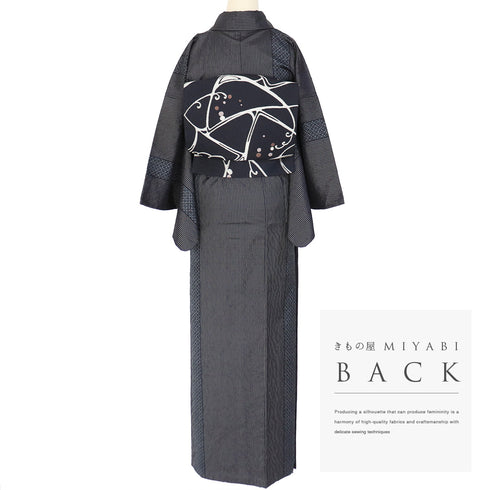 大島紬 リサイクル 身丈166.2cm 裄65cm 袷 縫締め絞り 縞柄 ブラック LLサイズ お洒落 カジュアル 証紙 正絹 広衿 Sランク