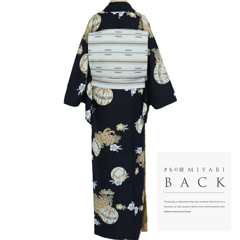 小紋 リサイクル 身丈159.8cm 裄66cm 袷 手毬に菊模様 既製品 ネイビー Mサイズ お洒落 カジュアル ポリエステル 洗える着物 広衿 Aランク