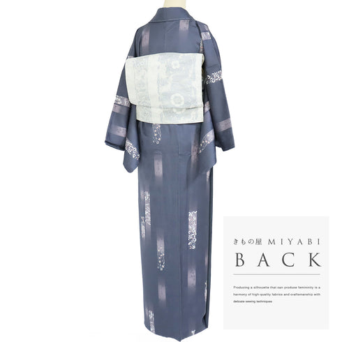 小紋 リサイクル 身丈165.7cm 裄66.4cm 袷 ぼかし短冊に草花柄 地紋 パールトーン加工 ブルー LLサイズ お洒落 カジュアル 正絹 広衿 Sランク