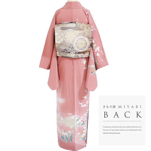 訪問着 リサイクル 身丈158cm 裄64.8cm 袷 四季花柄 ピンク Mサイズ フォーマル 落款 正絹 広衿 Aランク