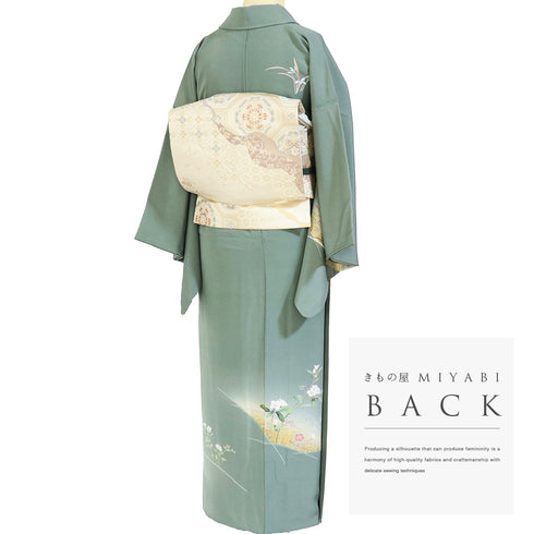 訪問着 リサイクル 身丈152.8cm 裄63.6cm 袷 花柄 グリーン Sサイズ フォーマル セミフォーマル 落款 正絹 広衿 Aランク