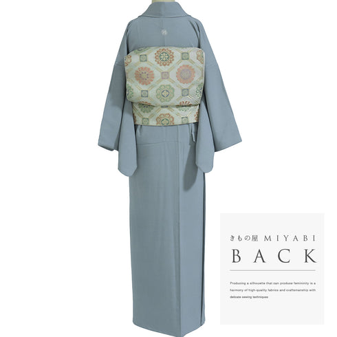 色無地 リサイクル 身丈162.2cm 裄66cm 袷 ゆったり ブルー Lサイズ セミフォーマル 一つ紋 正絹 広衿 Sランク