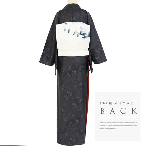 紬 リサイクル 身丈162.6cm 裄66cm 袷 蔦の葉模様 小花柄 ブラック Lサイズ お洒落 カジュアル 正絹 広衿 Aランク