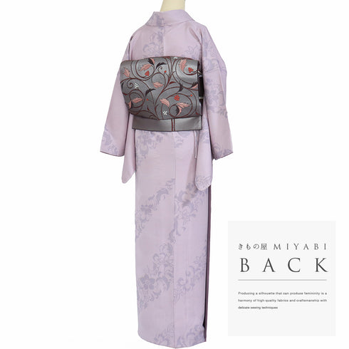 小紋 リサイクル 身丈158.8cm 裄65.2cm 袷 花唐草柄 地紋 箔 パープル Mサイズ お洒落 カジュアル 正絹 広衿 Aランク