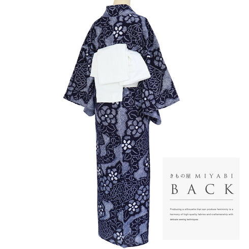 浴衣 リサイクル 夏着物 身丈150cm 裄60.5cm 夏物 絞り 扇子や花柄 ネイビー SSサイズ カジュアル 木綿 洗える着物 バチ衿 Sランク