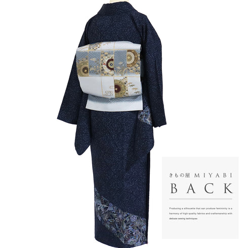 付下げ リサイクル 身丈159cm 裄68cm 袷 鳳凰更紗柄 たたき 地紋 ネイビー Mサイズ お洒落 正絹 広衿 Sランク