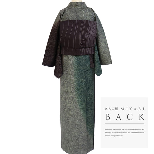 訪問着 リサイクル 身丈163.8cm 裄66.4cm 袷 結城紬 葡萄柄 グリーン Lサイズ お洒落 正絹 広衿 Sランク