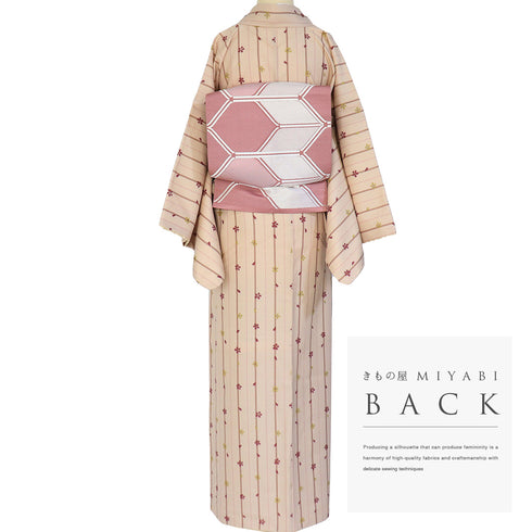 小紋 リサイクル 身丈166.7cm 裄67cm 袷 既製品 ストライプ柄 桜柄 ピンク LLサイズ お洒落 カジュアル ポリエステル 洗える着物 広衿 Sランク