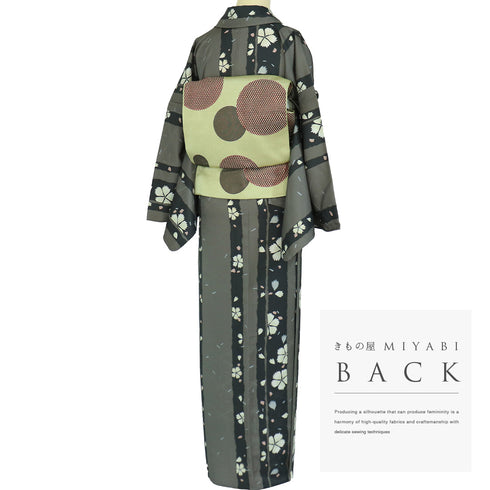 小紋 リサイクル 身丈168.5cm 裄70.2cm 単衣 桜柄 グリーン LLサイズ カジュアル ポリエステル 洗える着物 広衿 Sランク