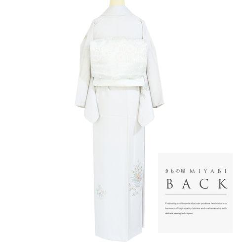 訪問着 リサイクル 身丈158cm 裄64.4cm 袷 花籠柄 刺繍 グレー Mサイズ セミフォーマル お洒落 正絹 広衿 Sランク