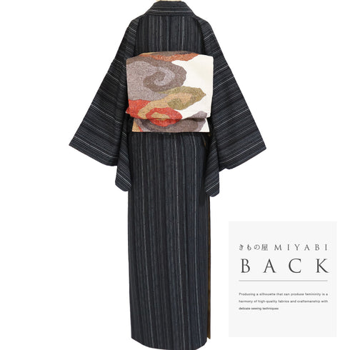 小紋 リサイクル 身丈167.6cm 裄66.8cm 袷 ストライプ柄 既製品 ブラック LLサイズ お洒落 カジュアル ポリエステル 洗える着物 広衿 Sランク