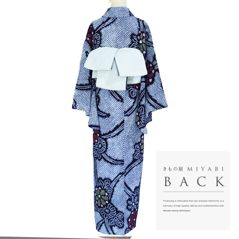 浴衣 リサイクル 夏着物 身丈154.7cm 裄68cm 夏物 絞り 花柄 ネイビー Sサイズ カジュアル 木綿 洗える着物 バチ衿 Bランク