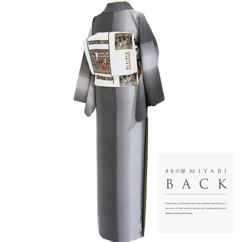 小紋 リサイクル 身丈157.6cm 裄65.6cm 袷 縦ぼかし柄 地紋 グレー Mサイズ お洒落 カジュアル 正絹 広衿 Aランク