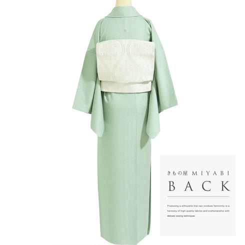 色無地 リサイクル 身丈155cm 裄64.7cm 袷 グリーン Sサイズ セミフォーマル お洒落 一つ紋 正絹 広衿 地紋あり Sランク