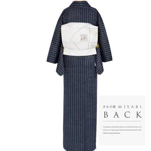 紬 リサイクル 身丈160.2cm 裄63.5cm 袷 縞柄 ネイビー Mサイズ カジュアル お洒落 正絹 広衿 Sランク