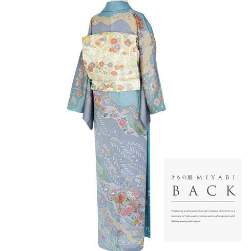 訪問着 リサイクル 身丈164.5cm 裄68.5cm 袷 道長雲取り 花柄 箔加工 絞り加工 ブルー Lサイズ セミフォーマル お洒落 正絹 広衿 Sランク
