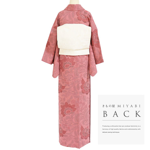 小紋 リサイクル 身丈160cm 裄63.6cm 袷 花唐草柄 変わり織り 地紋 ピンク Mサイズ お洒落 カジュアル 正絹 広衿 Sランク