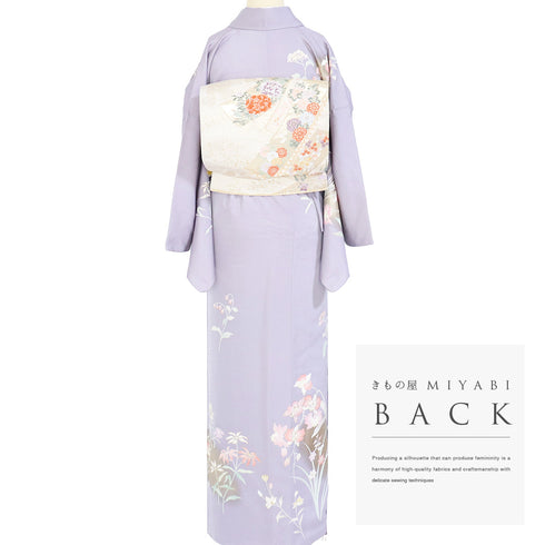 訪問着 リサイクル 身丈175.5cm 裄68.2cm 袷 花柄 箔 パープル LLサイズ セミフォーマル 正絹 広衿 Aランク