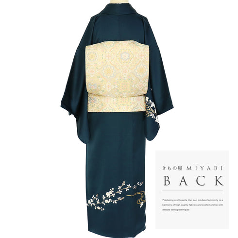 付下げ リサイクル 身丈156.7cm 裄62.6cm 袷 椿や花枝模様 箔加工 パールトーン加工 ネイビー Mサイズ フォーマル セミフォーマル 正絹 広衿 Aランク