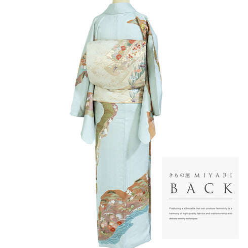 訪問着 リサイクル 身丈159.2cm 裄68.4cm 袷 牡丹に花丸柄 金駒刺繍 箔 ブルー Mサイズ セミフォーマル 正絹 広衿 Aランク