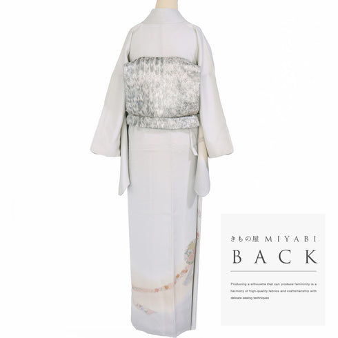 訪問着 リサイクル 身丈170.5cm 裄68cm 袷 雪輪に花 汕頭刺繍 相良刺繍 グレー LLサイズ お洒落 正絹 広衿 Sランク