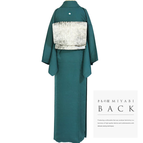 色無地 リサイクル 身丈159.2cm 裄64.8cm 袷 辻ヶ花模様 グリーン Mサイズ セミフォーマル 一つ紋 正絹 広衿 地紋あり Sランク