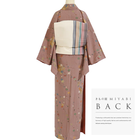 小紋 リサイクル 身丈158.8cm 裄64.4cm 袷 縞に紅葉 箔 ブラウン Mサイズ お洒落 カジュアル しつけ糸 正絹 広衿 Sランク