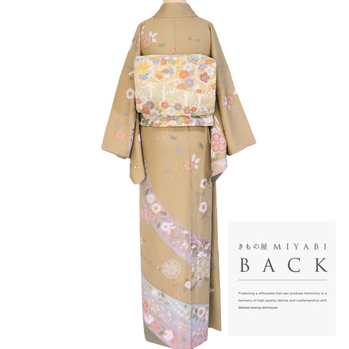 訪問着 リサイクル 身丈161.8cm 裄66.4cm 袷 梅竹 箔 ブラウン Lサイズ セミフォーマル お洒落 正絹 広衿 Sランク