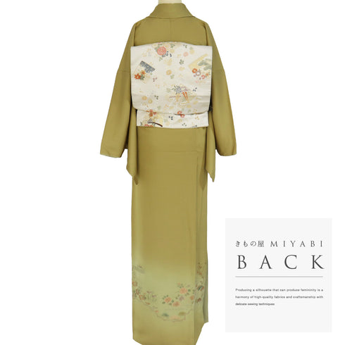 訪問着 リサイクル 身丈168.2cm 裄68cm 袷 風景柄 草花柄 汕頭刺繍 グリーン LLサイズ セミフォーマル お洒落 正絹 広衿 Sランク