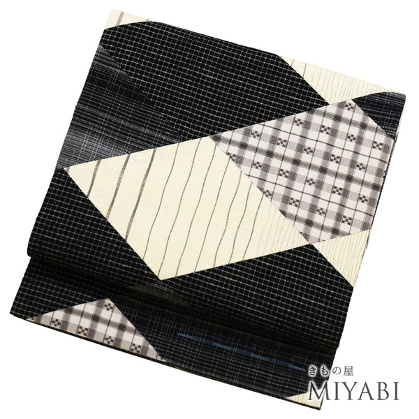 袋帯 リサイクル 帯丈442cm 全通 リバーシブル 菱形つなぎ柄 パッチワーク ストライプ ブラック Mサイズ 正絹 新品・未使用品 カジュアル