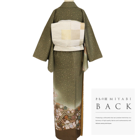 訪問着 リサイクル 身丈155.8cm 裄64cm 袷 辻が花模様 小花散らし 芝草模様 箔加工 グリーン Mサイズ お洒落 正絹 広衿 Sランク