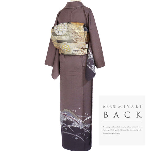 訪問着 リサイクル 身丈157.7cm 裄65.2cm 袷 地紋 名霜鳥忍 ゆったりサイズ パープル Mサイズ お洒落 しつけ糸 正絹 広衿 Sランク