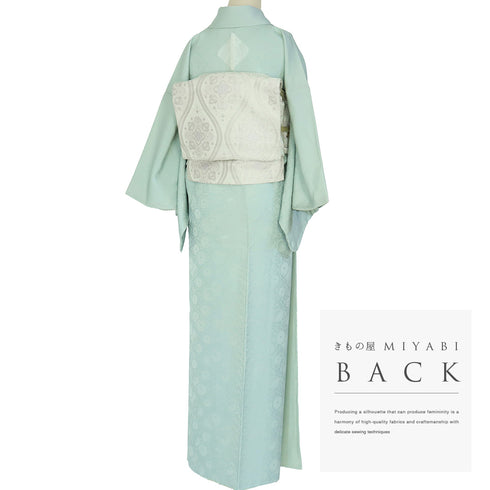 訪問着 リサイクル 身丈158.7cm 裄64cm 袷 無地 花柄地紋 絵羽 平和屋 光琳 グリーン Mサイズ セミフォーマル お洒落 一つ紋 正絹 広衿 Sランク