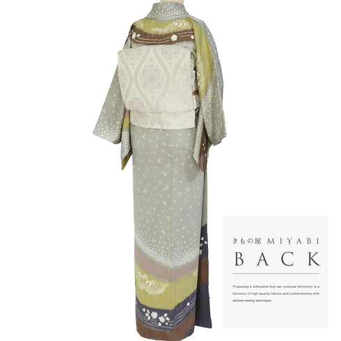 訪問着 リサイクル 身丈153.3cm 裄62.4cm 袷 絞り 斜縞模様 染め分け柄 地紋 グレー Sサイズ お洒落 正絹 広衿 Sランク