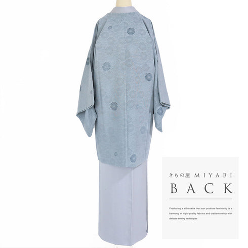 道行コート リサイクル 身丈92.5cm 裄66.4cm 袷 部分ビロード 菊尽くし柄 地紋 ブルー Mサイズ お洒落 不明 Sランク