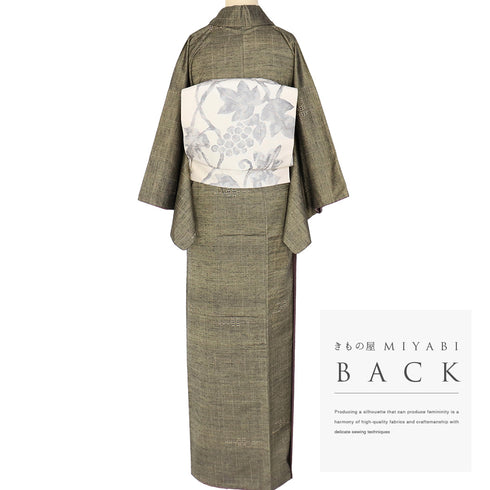 紬 リサイクル 身丈160.3cm 裄63.6cm 袷 幾何学柄 グリーン Mサイズ カジュアル 正絹 バチ衿 Sランク