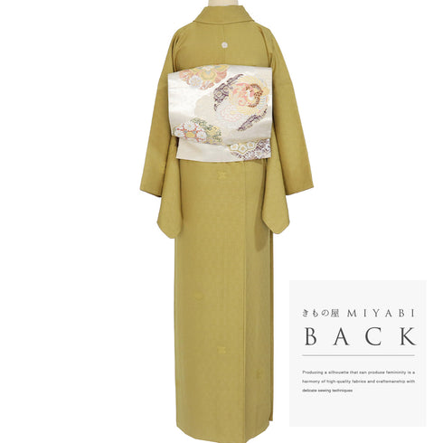 色無地 リサイクル 身丈168.5cm 裄66.4cm 袷 花柄 イエロー LLサイズ セミフォーマル 一つ紋 正絹 広衿 地紋あり Sランク
