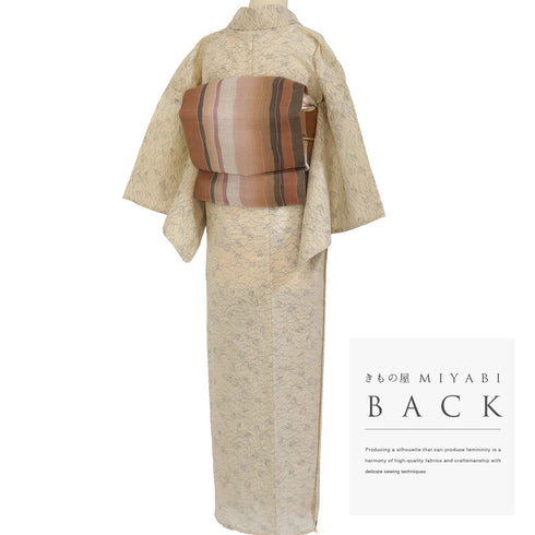 紬 リサイクル 夏着物 身丈159cm 裄62.8cm 夏物 千代谷縮 草原柄 ベージュ Mサイズ カジュアル 混合 洗える着物 バチ衿 Sランク