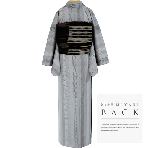 小紋 リサイクル 身丈152.3cm 裄66.4cm 袷 梅織り出し 縞柄 地紋 グレー Sサイズ お洒落 しつけ糸 正絹 広衿 Sランク