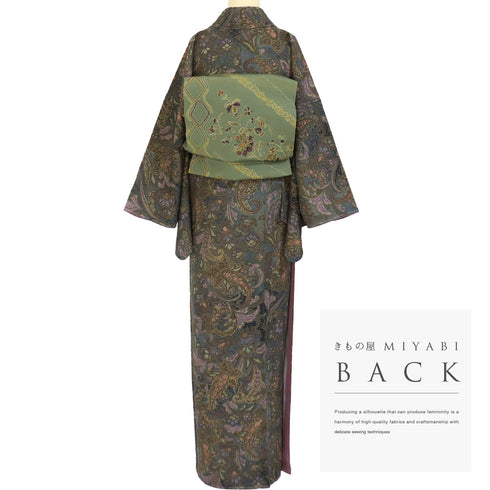 小紋 リサイクル 身丈160.8cm 裄68.4cm 袷 グリーン Lサイズ お洒落 正絹 広衿 Sランク