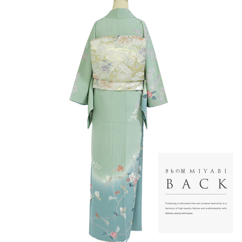 訪問着 リサイクル 身丈158cm 裄64.6cm 袷 花や木や鳥柄 松彩 グリーン Mサイズ フォーマル セミフォーマル 落款 正絹 広衿 Aランク