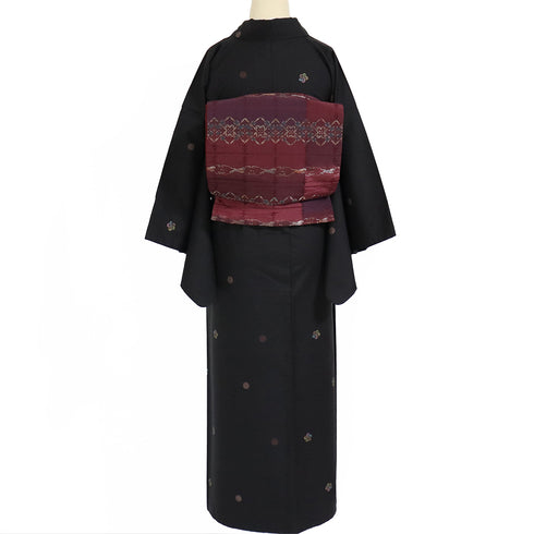 紬 リサイクル 身丈157cm 裄63cm 袷 梅柄 パールトーン加工 ブラック Mサイズ お洒落 正絹 広衿 Sランク