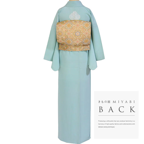 色無地 リサイクル 身丈160.3cm 裄65.2cm 袷 ブルー Mサイズ セミフォーマル お洒落 一つ紋 しつけ糸 正絹 広衿 Sランク