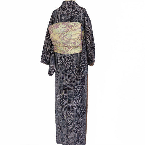 小紋 リサイクル 身丈160.6cm 裄65.2cm 袷 裂取り柄 ネイビー Lサイズ お洒落 カジュアル 正絹 広衿 Aランク