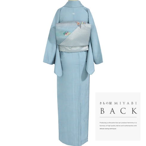 色無地 リサイクル 身丈160.8cm 裄64.6cm 袷 星柄 ブルー Lサイズ セミフォーマル お洒落 一つ紋 正絹 広衿 地紋あり Bランク