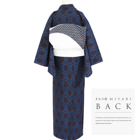 紬 リサイクル 身丈162cm 裄64.8cm 袷 結城紬 亀甲柄 ブルー Lサイズ カジュアル お洒落 証紙 しつけ糸 正絹 広衿 Aランク