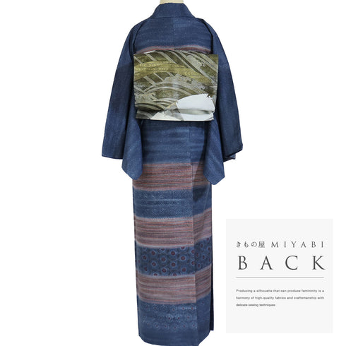 訪問着 リサイクル 身丈156.4cm 裄67cm 袷 紬 段染縞格子にデザイン花柄 染め ブルー Mサイズ お洒落 正絹 広衿 Aランク